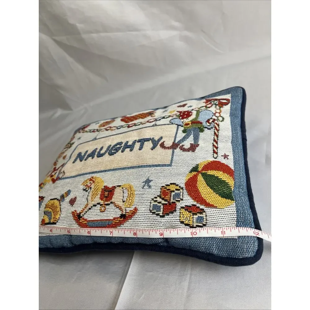 Tapestry Throw Pillow “Naughty” Christmas Decor Regtangular 12”x10”, Toy Motif